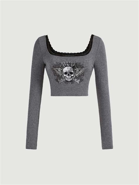 Shein Mod Skull Print Contrast Lace Crop Tee Fashion Inspo Outfits