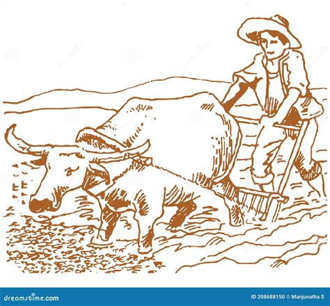 Sketch Of Farmer Working With A Cow In A Agricultural Field And Village