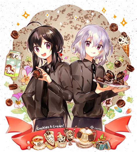 Safebooru 2boys Ahoge Artist Name Black Hair Black Necktie Black Tea Cow Cup English Food