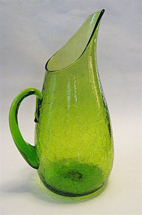 Large Mid Century Blenko Green Crackle Glass Pitcher 939p