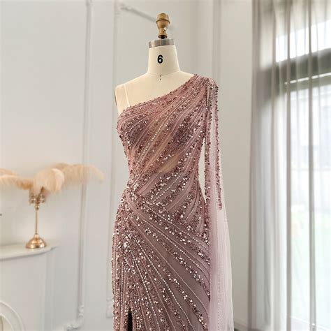 Luxury Pink One Shoulder Mermaid Evening Dresses With Cape Sleeve Side