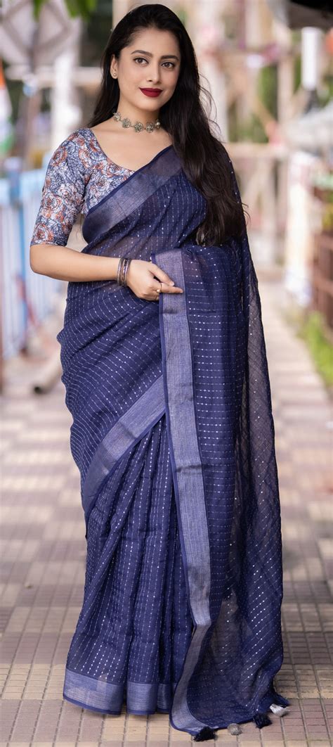 Traditional Blue Color Linen Fabric Saree 1913900