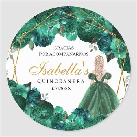 Emerald Green Floral Quinceanera Round Stickers Zazzle Quinceanera