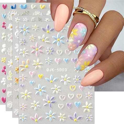 Jmeowio D Embossed Spring Flower Nail Art Stickers Decals Self