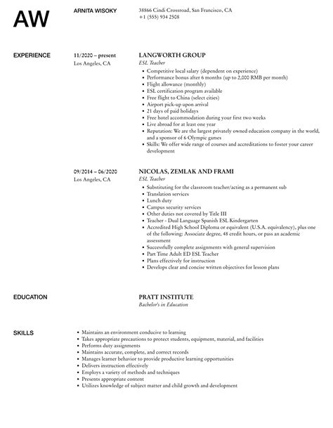 Esl Teacher Resume Samples Velvet Jobs