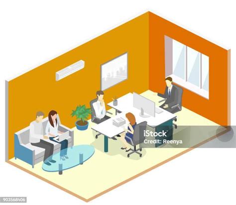 Isometric Interior Of Directors Office Flat 3d Illustration Cabinet