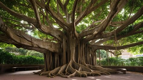 An Ancient Banyan Tree With A Bench Underneath It Background Picture