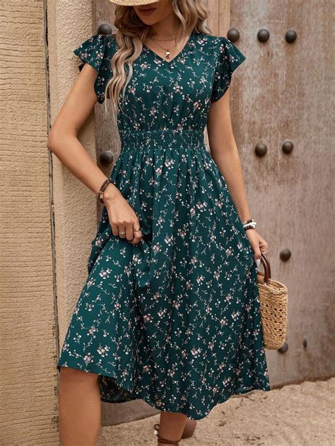 Shein Holidaya Vestido Con Estampado Floral Y Mangas Con Volantes