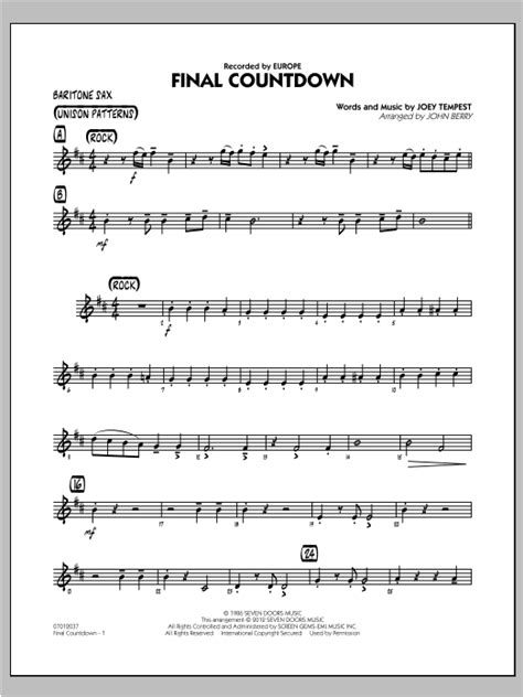 Final Countdown Baritone Sax By John Berry Sheet Music For Jazz