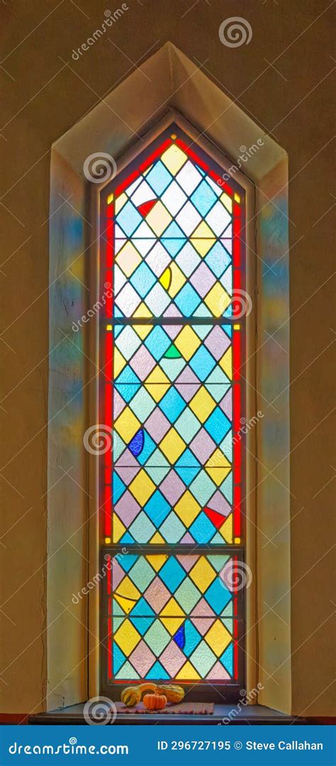 Church Stained Glass Window In Variety Of Colors And Fall Decorations Stock Image Image Of