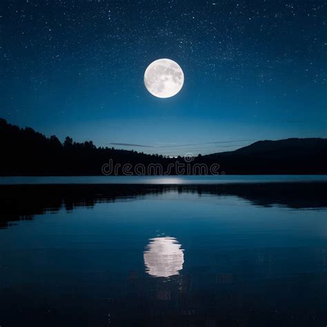 Tranquil Night Scene With Full Moon Reflecting On Calm Lake Stock Illustration Illustration Of