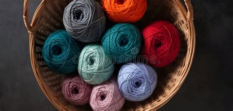 Colorful Assortment Of Yarn Balls In A Woven Basket For Crafting Stock