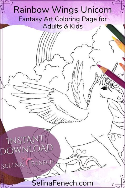 Rainbow Wings Unicorn Sisters Fairy Art Coloring Page Digi Stamp Fantasy Printable Download By