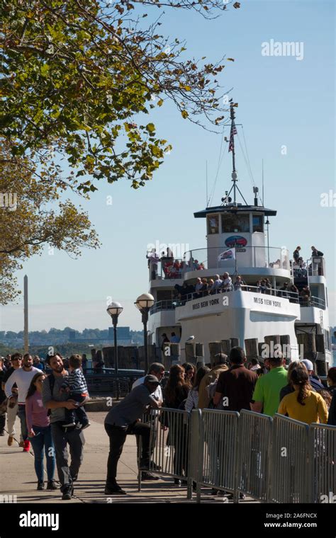 Miss Ellis Island Ferry boat docked at the Ellis Island National ...