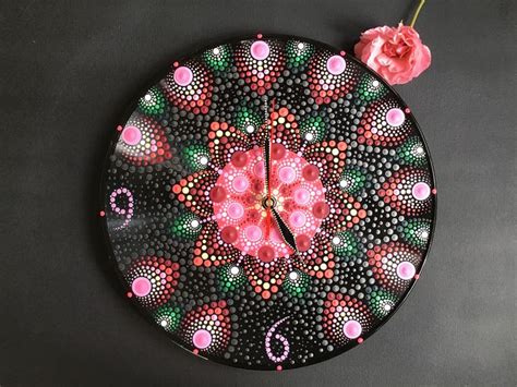 Recycled Vinyl Record Clock Painted Wall Clock Mandala Clock Dotted