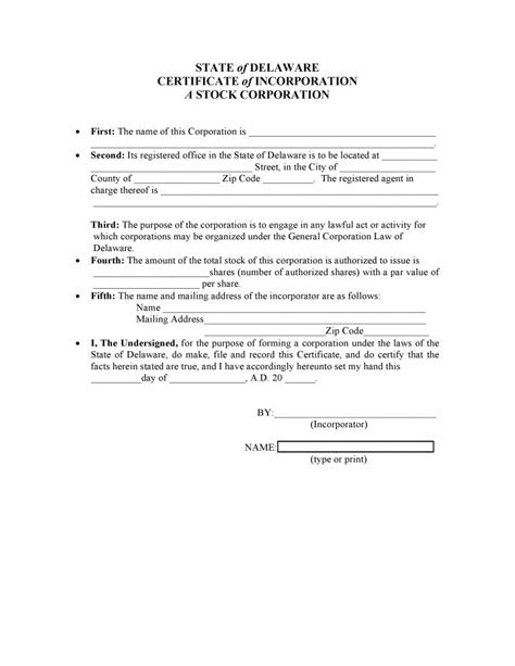 Free Delaware Certificate Of Incorporation Form Pdf Template Form Download