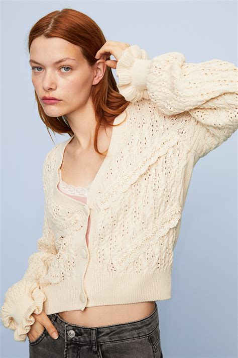 Textured Knit Cardigan Deep Neckline Long Sleeve Light Beige