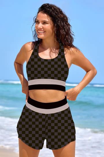 Black Checked Scoop Neck Racerback Sporty Bikini Top