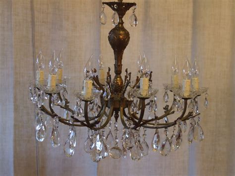 L163s Pair Large Antique French 10 Arm Brass And Crystal Chandeliers