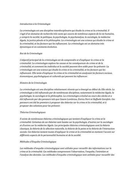 Criminology Study Notes Introduction à la Criminologie La