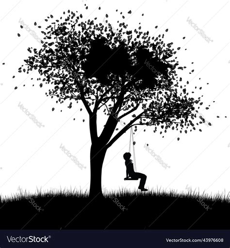 Girl On Swing Under Tree Silhouette Royalty Free Vector