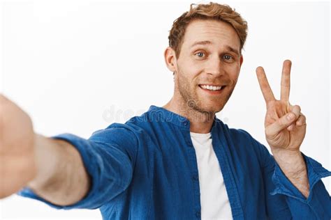 Say Cheese Smiling Handsome Redhead Man Taking Selfie With Extended