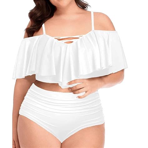 Women S Plus Size Piece Swimsuit Ruffle Off Shoulder Bikini High