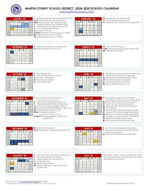 Martin County School District Calendar 2024-2025 (Holiday Breaks)