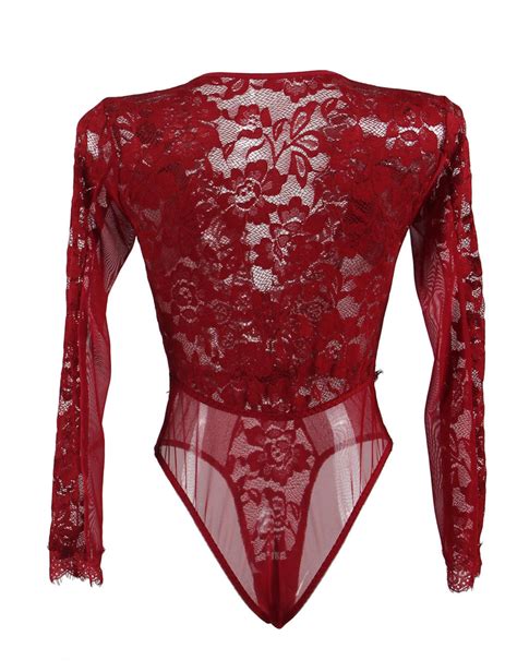 Red Sexy Deep Plunge Lace Body Suit Etsy