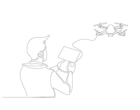 Desenho contínuo de uma linha de um homem controle remoto e drone