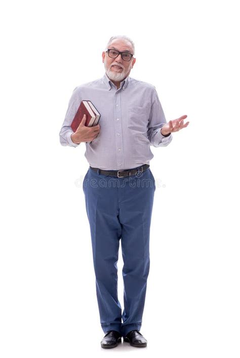 Viejo Jefe Sostiene Libros Aislados En Blanco Imagen De Archivo