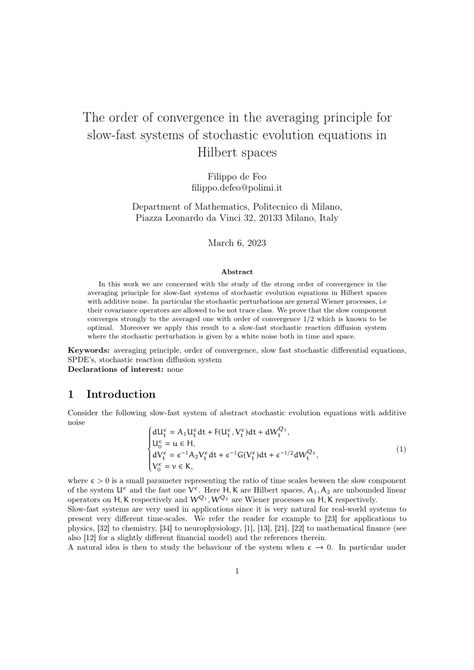 PDF The Order Of Convergence In The Averaging Principle For Slow Fast