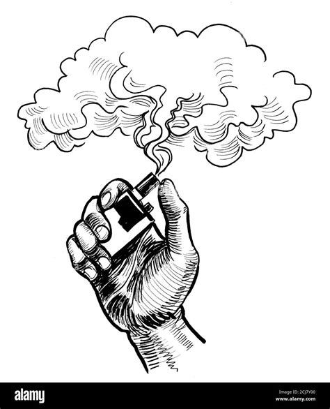 Hand with vaporizer. Ink black and white drawing Stock Photo - Alamy