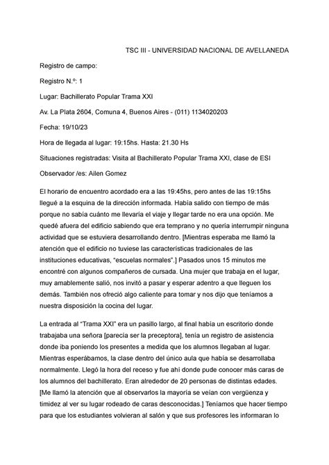 Registro De Campo Resumen Trabajo Social Comunitario Iii Tsc Iii