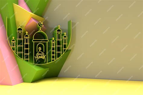 텍스트 Eid Mubarak 축하의 공간이 있는 모스크 디자인의 3d 렌더링 그림 무료 사진