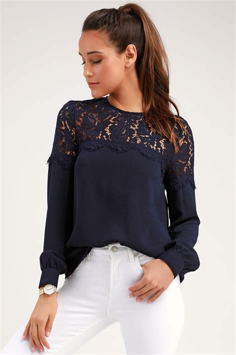 Picture This Navy Blue Long Sleeve Lace Top Blue Lace Top Lace Top