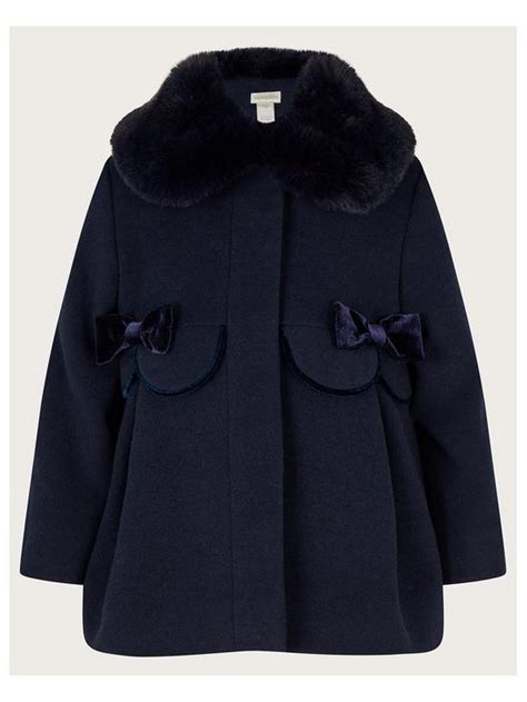 Monsoon Baby Girls Scallop Velvet Trim Wool Coat Navy Uk