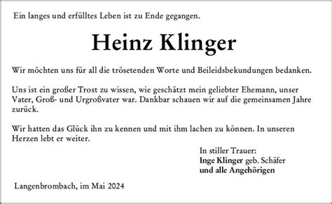 Traueranzeigen Von Heinz Klinger Vrm Trauer De