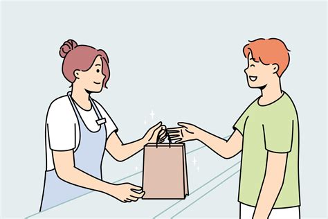 Smiling Female Cashier Give Cardboard Bag To Happy Male Customer In