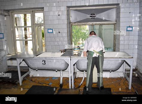 Prisoner Leaning Over Large Cleaning Washing Sinks In Prison Kitchen