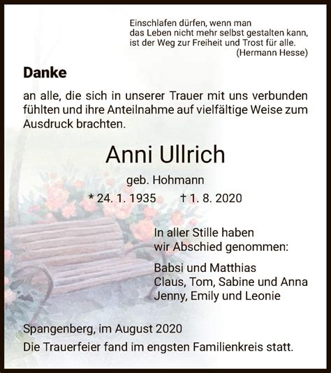 Traueranzeigen Von Anni Ullrich Trauer Hna De