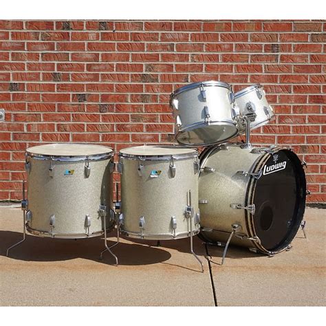 70s Ludwig 5 Piece Silver Sparkle Hollywood Blue And Olive Kit Reverb