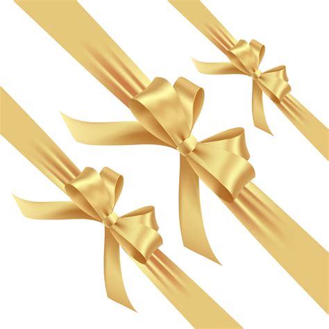 Vector Decorative Set Of Golden Bow With Diagonally Ribbon For Corner