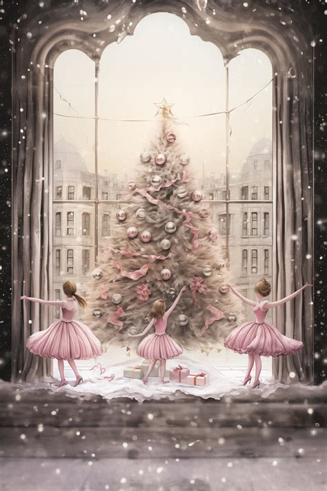 Ballet Dancers And Christmas Tree Whimsical Holiday Illustration