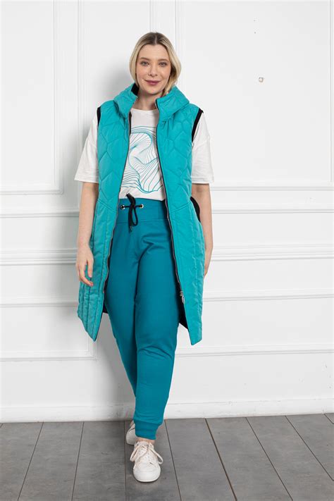 Дълъг елек с качулка - тюркоаз – Maxifashion.bg