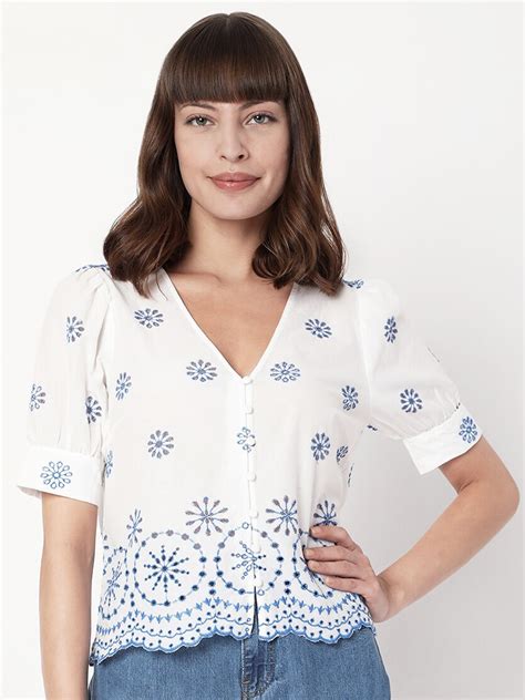 Buy Vero Moda White And Blue Floral Embroidered Schiffli Shirt Style Top