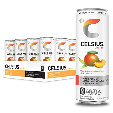 CELSIUS Peach Mango Green Tea Non Carbonated Fitness Drink Zero Sugar