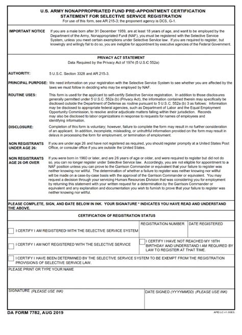 DA Form 7782 U S Army Nonappropriated Fund Pre Appointment