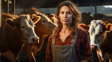 Happy female farmer standing with cows at the cattle farm.Female farmer ...