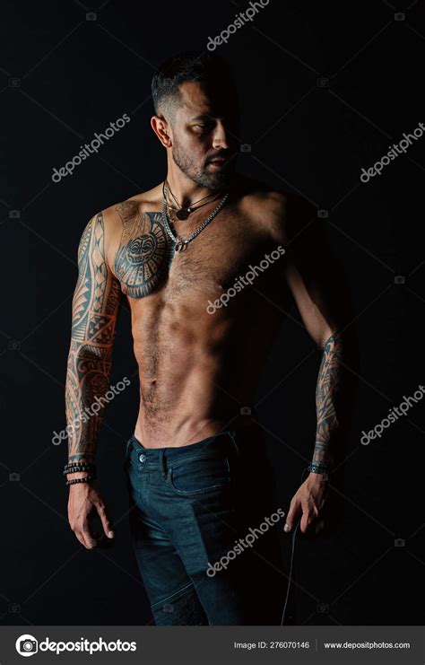 Tattoo Model With Sexy Belly Man With Tattooed Arm And Chest Bearded Man With Strong Torso